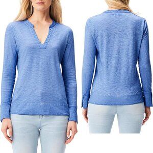 NWT New $98 NIC + ZOE Split Neck Long Sleeve Cotton Gulf Blue Tie Dye Tee Size M
